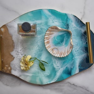 Handmade Ocean Resin Tray: Beach Decor with Shells & Sand