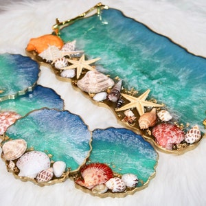 Handmade Ocean Resin Tray: Seashell & Starfish Embellished, Gold Trim
