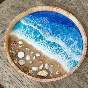 Resin Wooden ocean tray with real seashells, sea sand - ocean resin art bath tub tray, original art, accent for living roomGifts Under 20