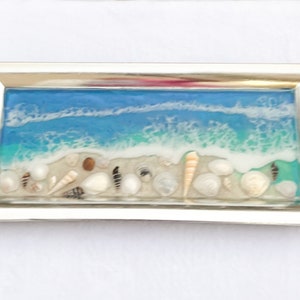 Handmade St Pete Beach Sand & Seashell Resin Tray: Coastal Ocean Wave Decor