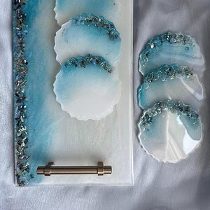 Ocean Inspired Resin tray|Large serving tray|elegant table decor|blue TABLESCAPE|resin table art|paua shell deco|ocean waves|gift for her