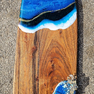 Handmade Resin Wood Serving Tray: Blue Sea Wave with Crystals