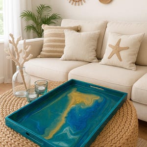 Oceanic Resin Art Tray: Blue & Gold Coastal Decor - 16x10.2”
