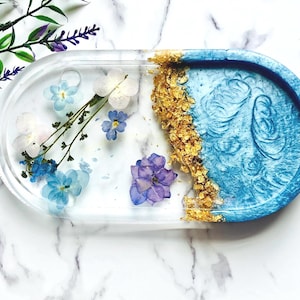 Floral Resin Vanity Tray: Blue, White, and Gold Catchall