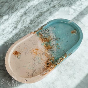 Oval Blue & White Geode Trinket Tray, Handmade from Eco Friendly Resin, Embellished with Texture and Reflective Glass