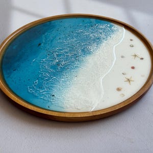 Ocean Resin Serving Tray: Coastal Wood Tray with Seashells