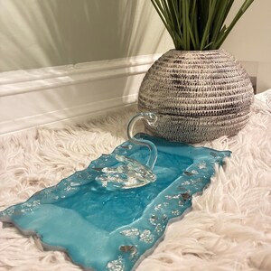 Sky Blue Resin Tray: Handmade Glass Swan Centerpiece