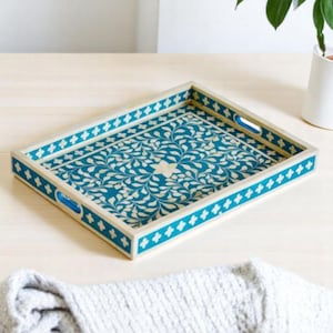 Bone Inlay Floral Tray Sky Blue