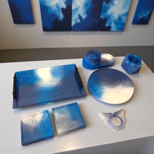Handmade Epoxy Resin Set – Sky and Lavender Collection | Scented Candle & Tray Décor
